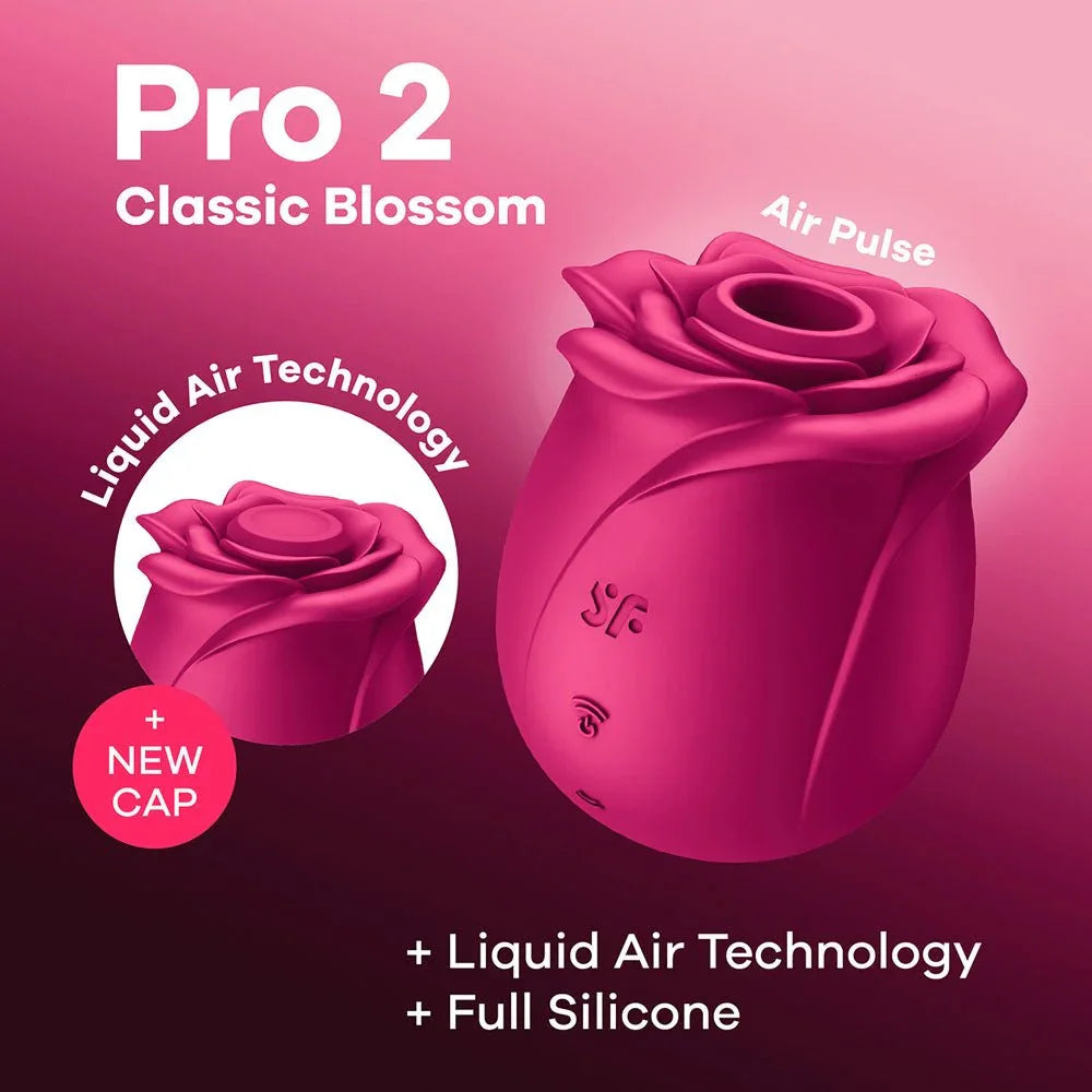Satisfyer Pro 2 Classic Blossom in Red, product graphic with feature callouts