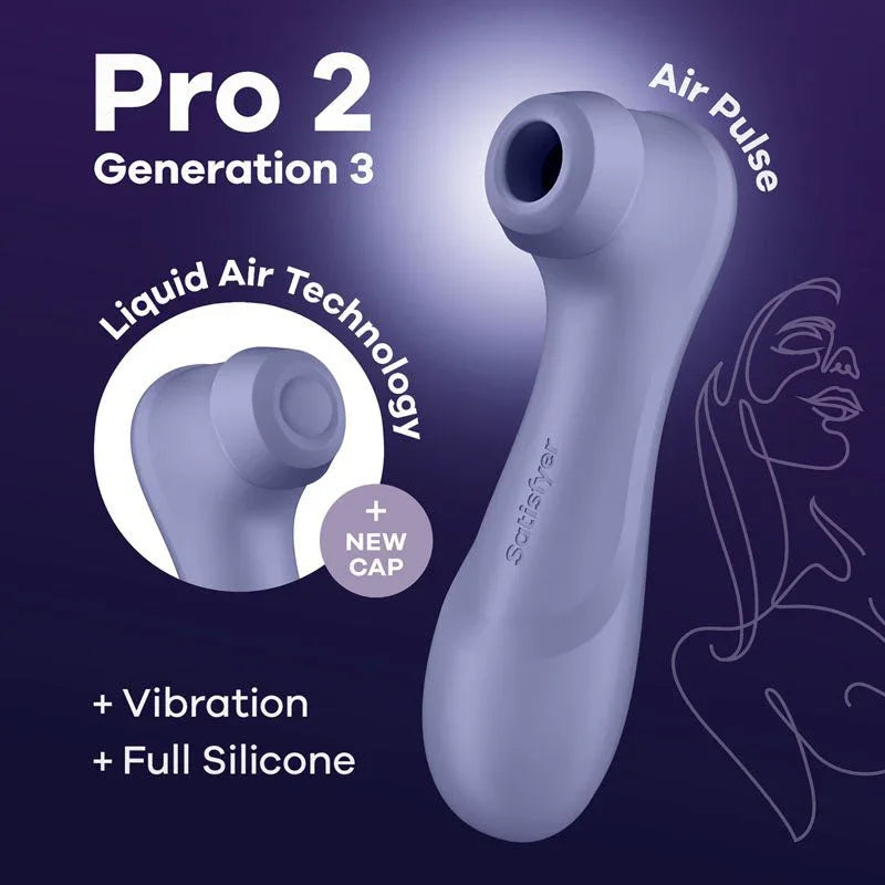 Satisfyer Pro 2 Generation 3 in Lilac, product graphic with feature callouts