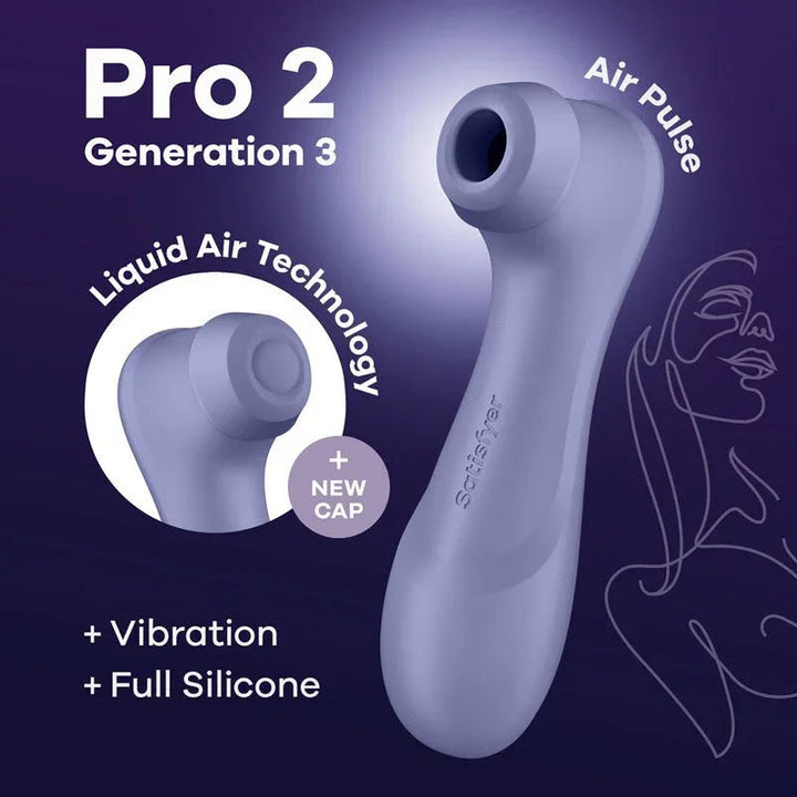 Satisfyer Pro 2 Generation 3 in Lilac, product graphic with feature callouts