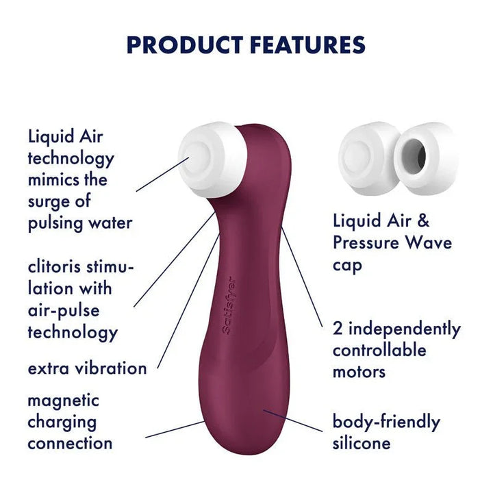 Satisfyer Pro 2 Generation 3 in Wine Red, labelled feature diagram