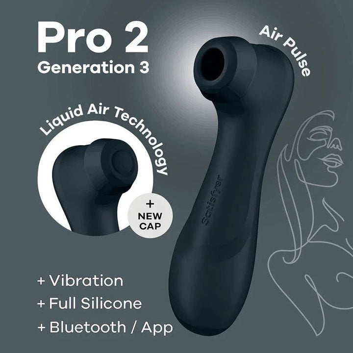 Satisfyer Pro 2 Generation 3 in Dark Grey, product graphic with feature callouts