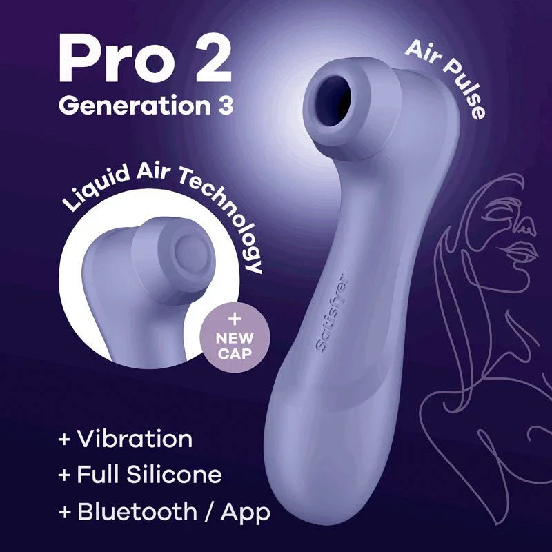 Satisfyer Pro 2 Generation 3 in Lilac, product graphic with feature callouts