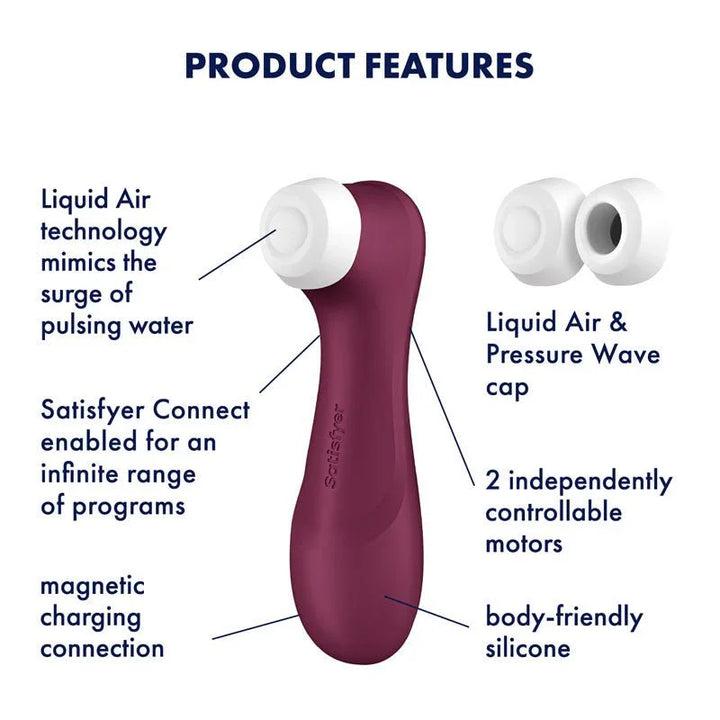 Satisfyer Pro 2 Generation 3 in Wine Red, labelled feature diagram