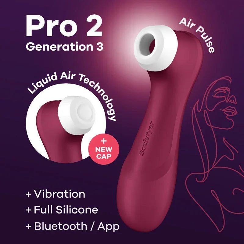 Satisfyer Pro 2 Generation 3 in Wine Red, product graphic with feature callouts