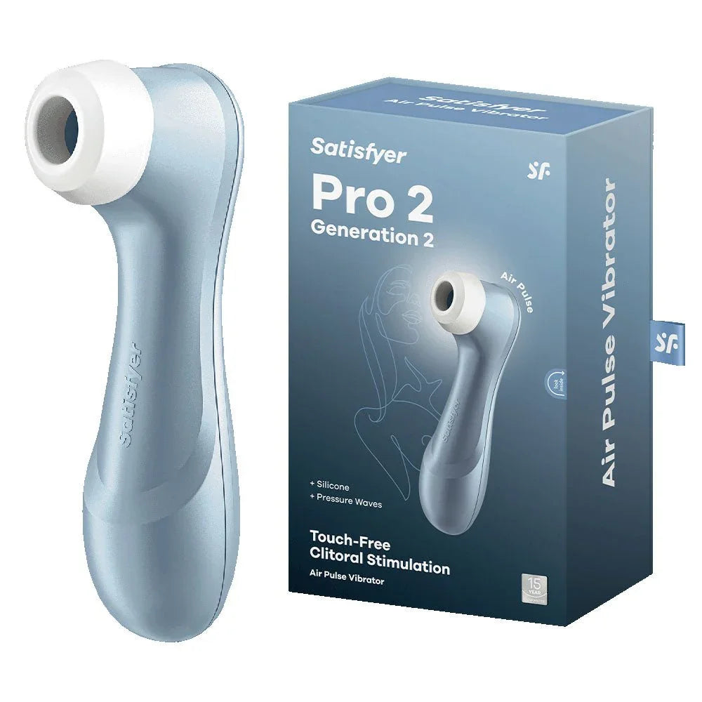 Satisfyer Pro 2 in Blue beside its retail box