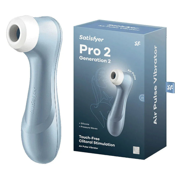 Satisfyer Pro 2 in Blue beside its retail box