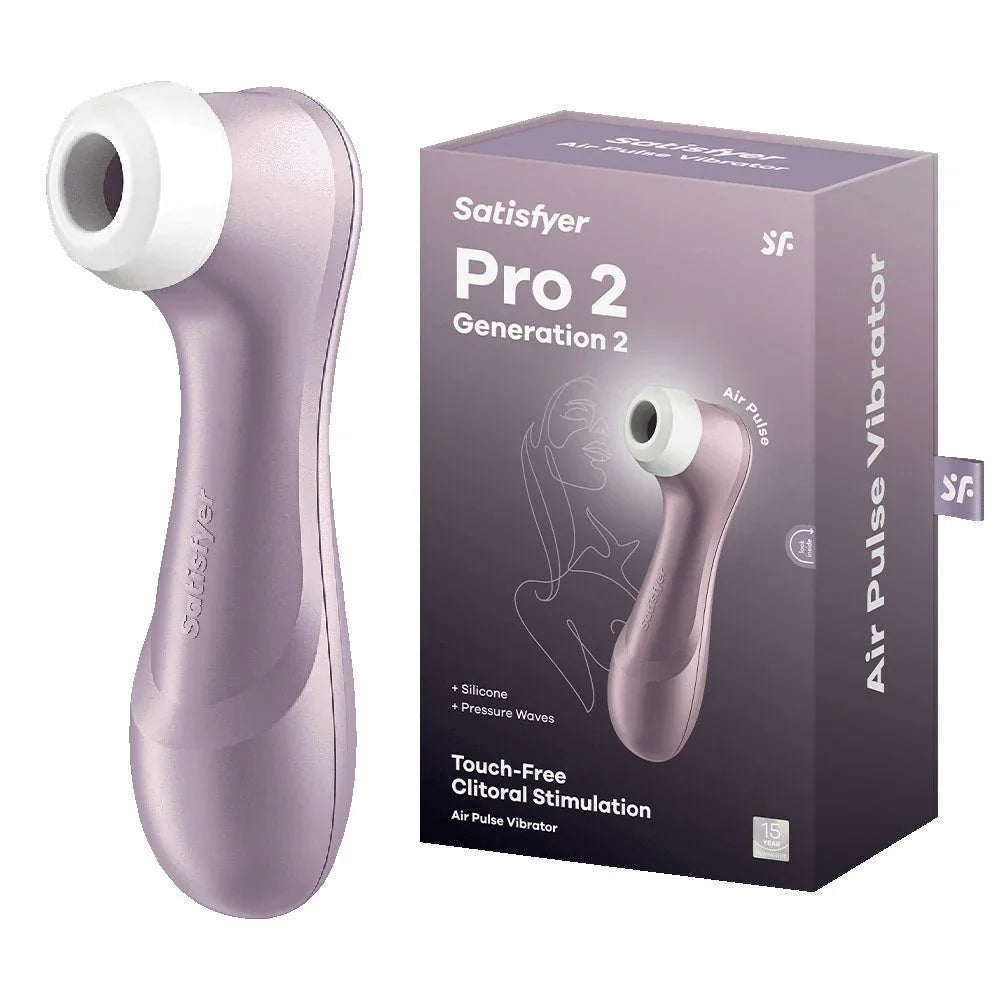 Satisfyer Pro 2 in Purple beside its retail box
