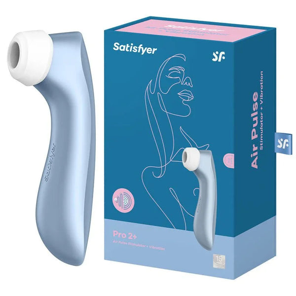 Satisfyer Pro 2+ in Blue beside its retail box