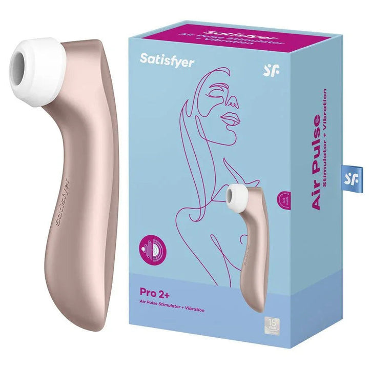 Satisfyer Pro 2+ in Rose Gold beside its retail box