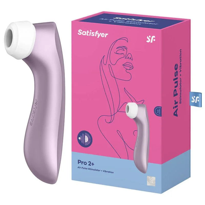 Satisfyer Pro 2+ in Purple beside its retail box