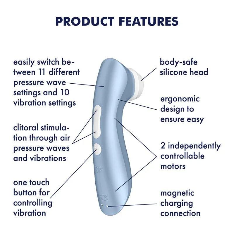 Satisfyer Pro 2+ in Blue, labelled feature diagram