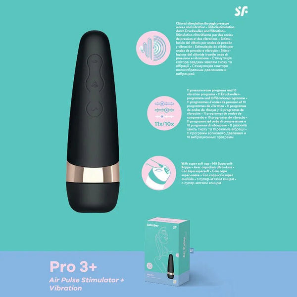 Satisfyer Pro 3+ - Clitoral Stimulator in Black, product graphic with feature callouts