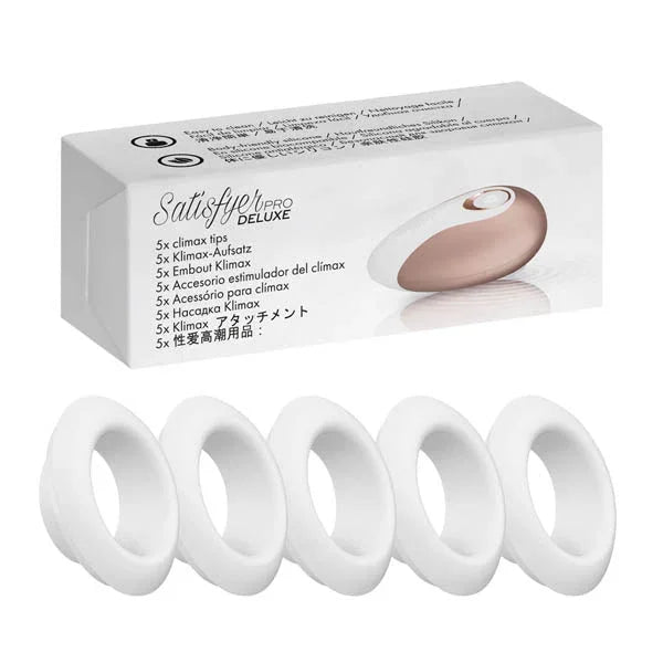 Satisfyer Pro Deluxe: five white silicone climax heads beside the box