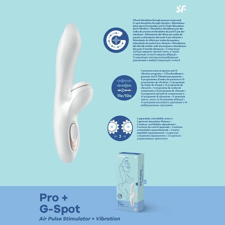 Satisfyer Pro + G-Spot - Rabbit Vibrator in White, product graphic with feature callouts