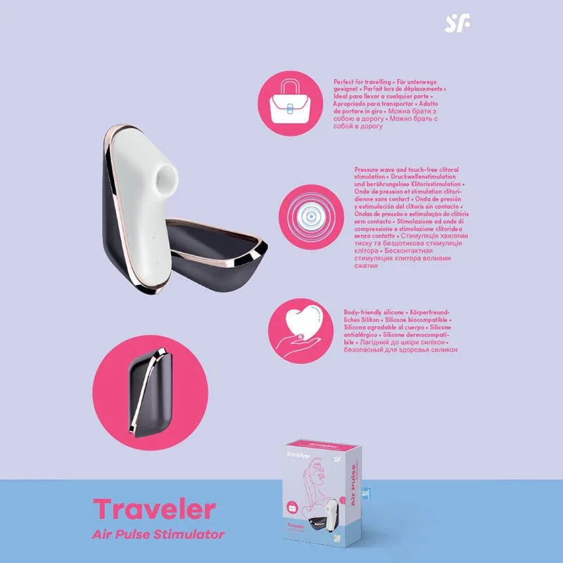 Satisfyer Pro Traveller - Clitoral Stimulator in White/Black, product graphic with feature callouts