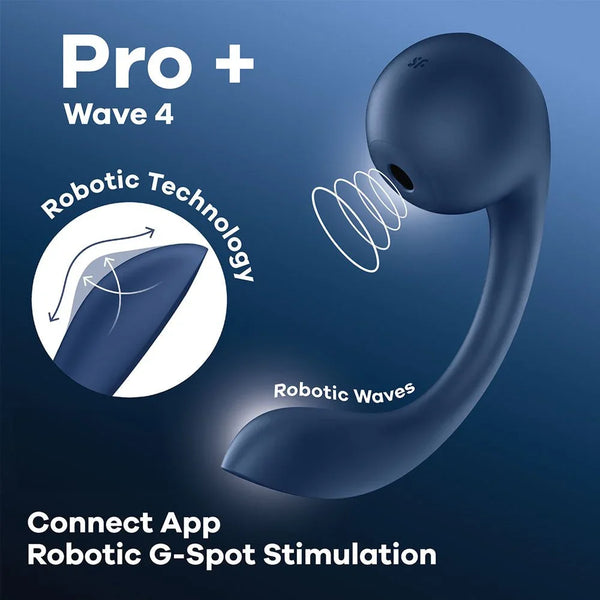 Satisfyer Pro+ Wave 4 - Vibrator in Blue, product graphic with feature callouts
