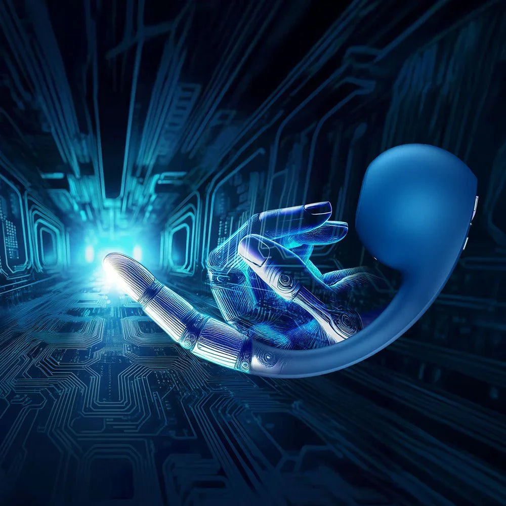 Satisfyer Pro+ Wave 4 robotic technology graphic on a dark blue background