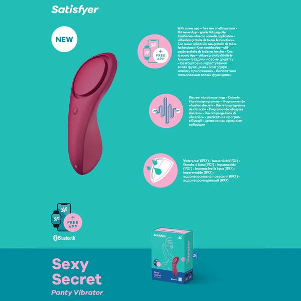 Satisfyer Sexy Secret in Wine Red, product graphic with feature callouts