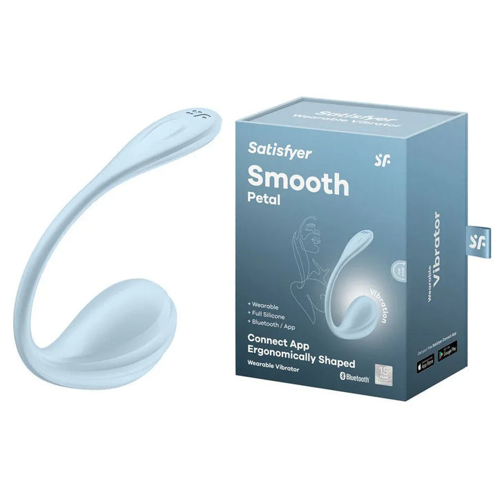 Satisfyer Smooth Petal - Wearable Stimulator in Light Blue beside its retail box