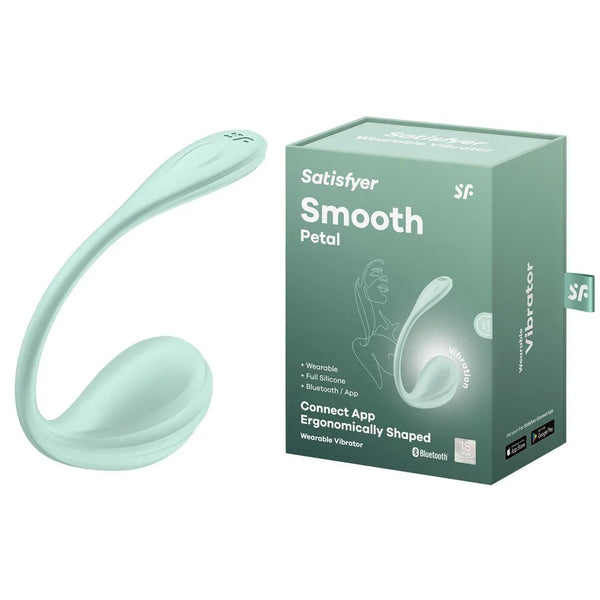 Satisfyer Smooth Petal - Wearable Stimulator in Mint beside its retail box