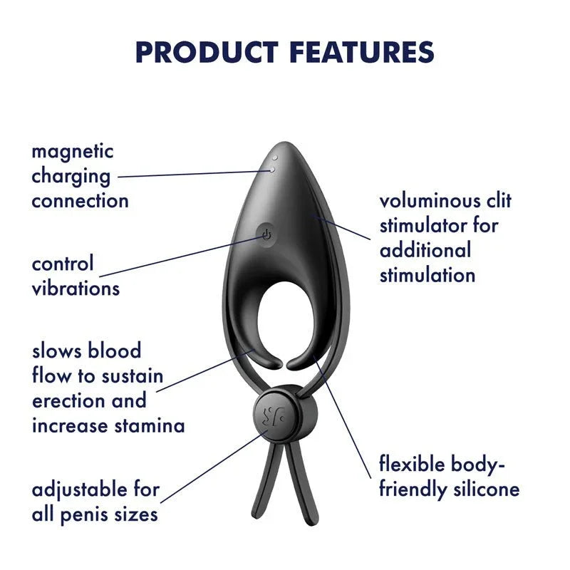 Satisfyer Sniper - Vibrating Adjustable Lasso Cock Ring in Black, labelled feature diagram