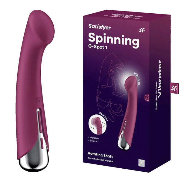 Satisfyer Spinning G-Spot 1 Rotating G-Spot Vibrator in Red beside its retail box