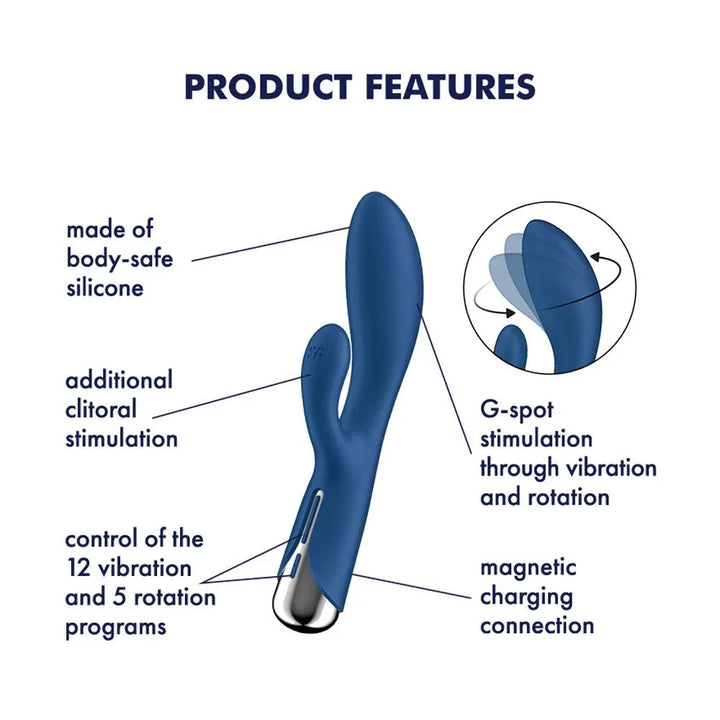 Satisfyer Spinning Rabbit 1 - Rotating Rabbit Vibrator in Blue, labelled feature diagram