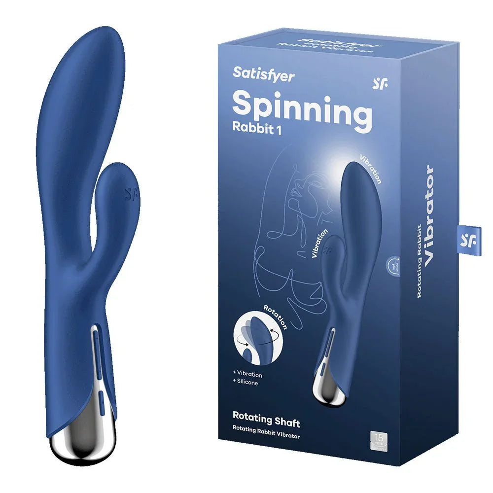 Satisfyer Spinning Rabbit 1 - Rotating Rabbit Vibrator in Blue beside its retail box
