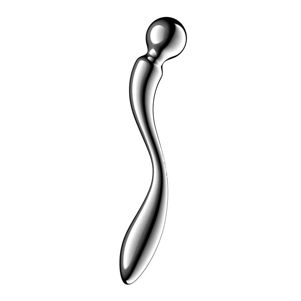 Satisfyer Star Force 2 stainless steel dildo, angled view of the S-curved shaft and sphere end