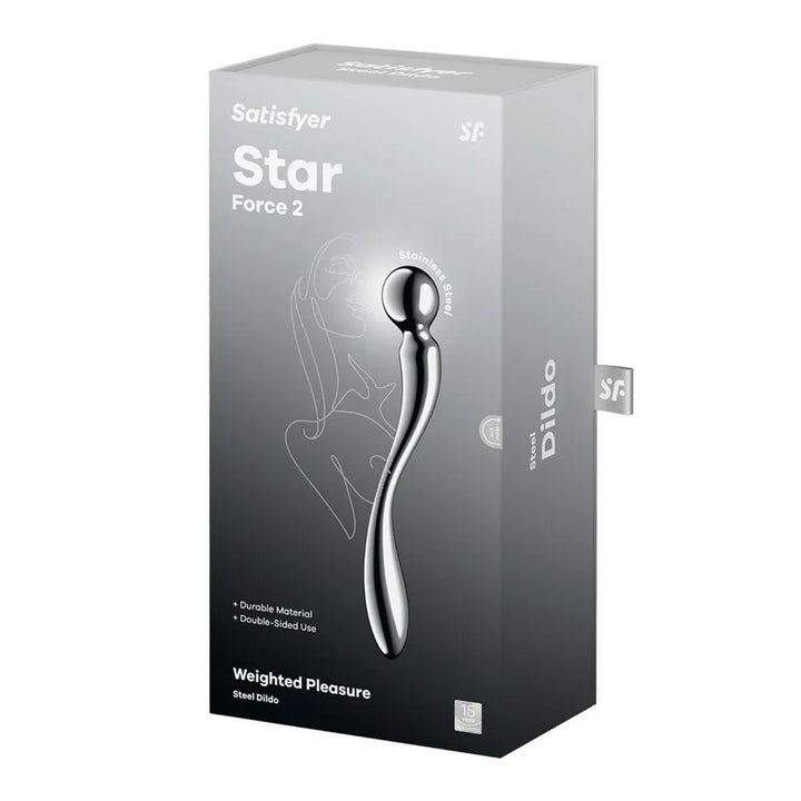Satisfyer Star Force 2 retail box, silver Weighted Pleasure steel dildo packaging