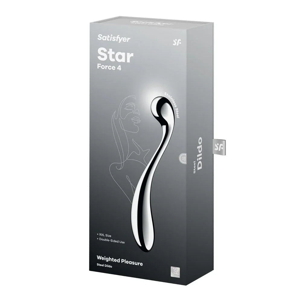 Satisfyer Star Force 4 retail box, silver XXL Weighted Pleasure steel dildo packaging