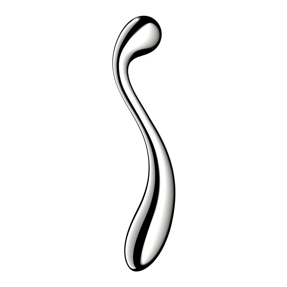 Satisfyer Star Force 4 stainless steel dildo, angled view of the hooked ball tip and long shaft