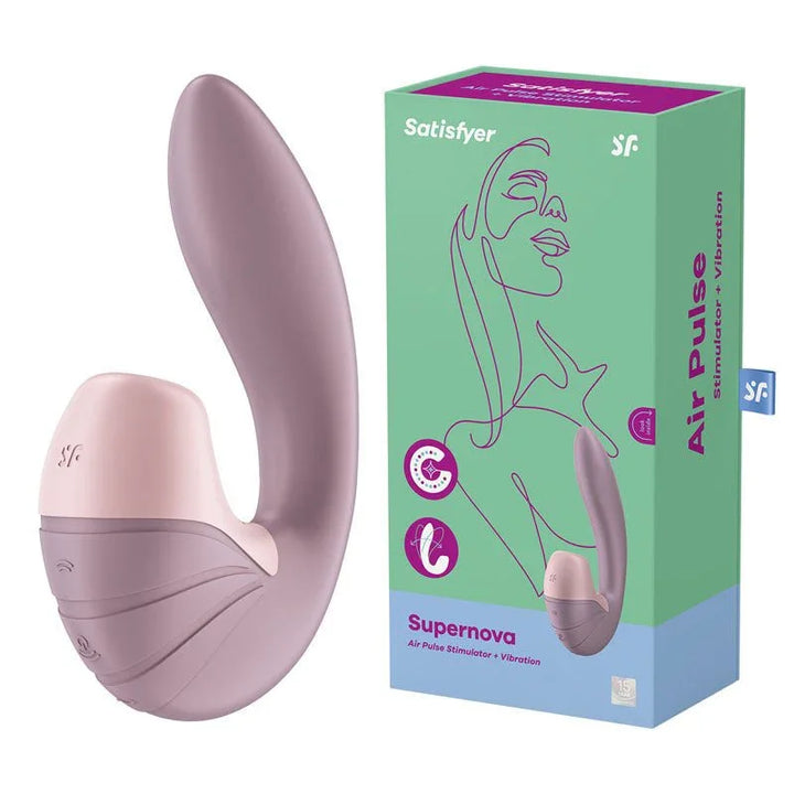 Satisfyer Supernova - Vibrator in Old Rose beside its retail box