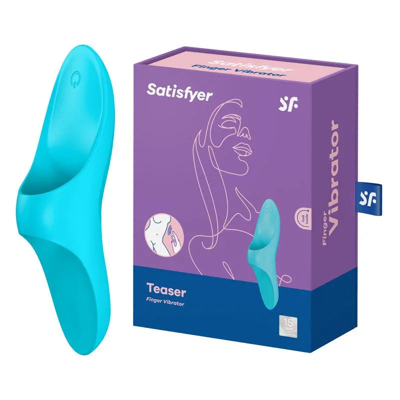 Satisfyer Teaser - Finger Stimulator in Light Blue beside its retail box