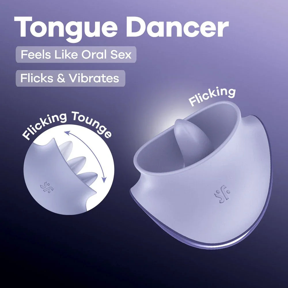 Satisfyer Tongue Dancer - Flicking Stimulator in Purple, product graphic with feature callouts