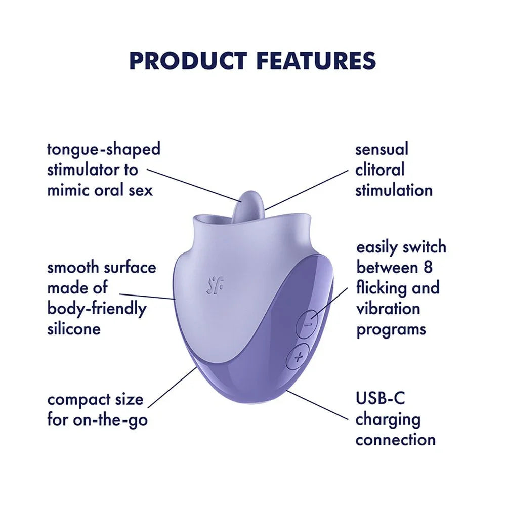 Satisfyer Tongue Dancer - Flicking Stimulator in Purple, labelled feature diagram