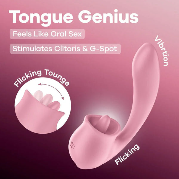 Satisfyer Tongue Genius - Vibrator in Pink, product graphic with feature callouts