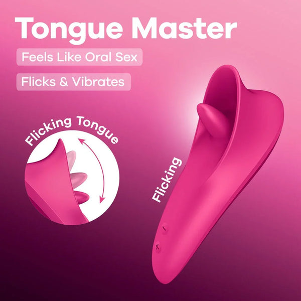 Satisfyer Tongue Master in Pink, product graphic with feature callouts