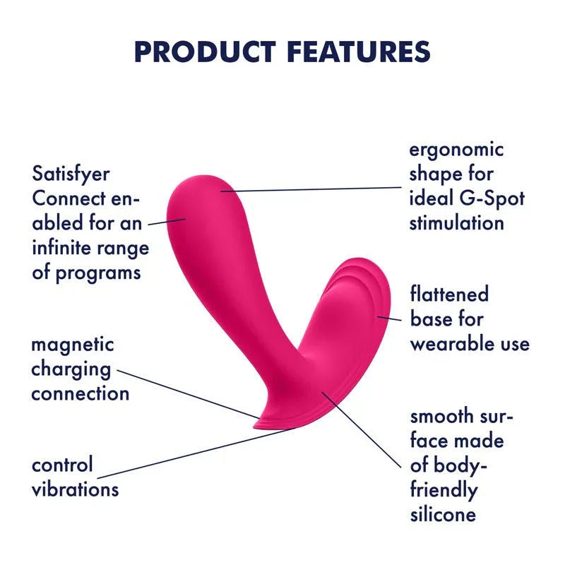 Satisfyer Top Secret - Wearable Vibrator in Pink, labelled feature diagram