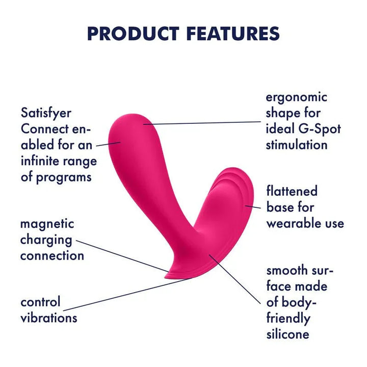 Satisfyer Top Secret - Wearable Vibrator in Pink, labelled feature diagram