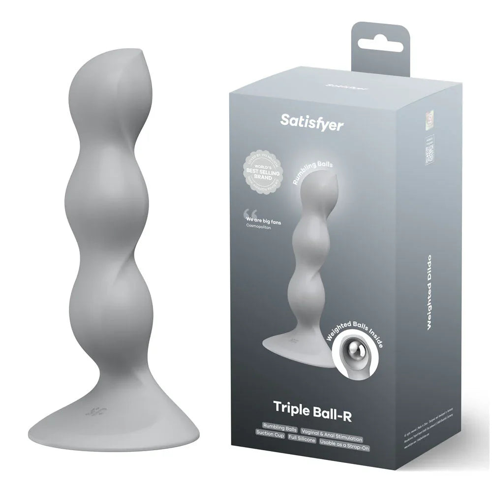 Satisfyer Triple Ball-R - Beaded Anal Plug in Grey beside its retail box