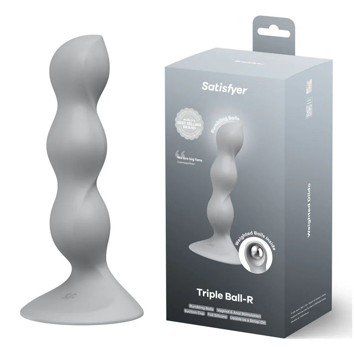 Satisfyer Triple Ball-R - Beaded Anal Plug in Grey beside its retail box
