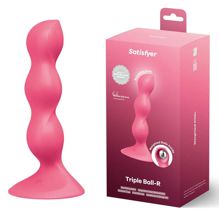Satisfyer Triple Ball-R - Beaded Anal Plug in Red beside its retail box
