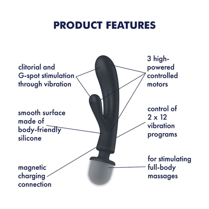 Satisfyer Triple Lover - Grey USB Rechargeable Rabbit Vibrator and Massage Wand – Sex toys NZ by Naughtyhut. Discreet delivery nationwide.