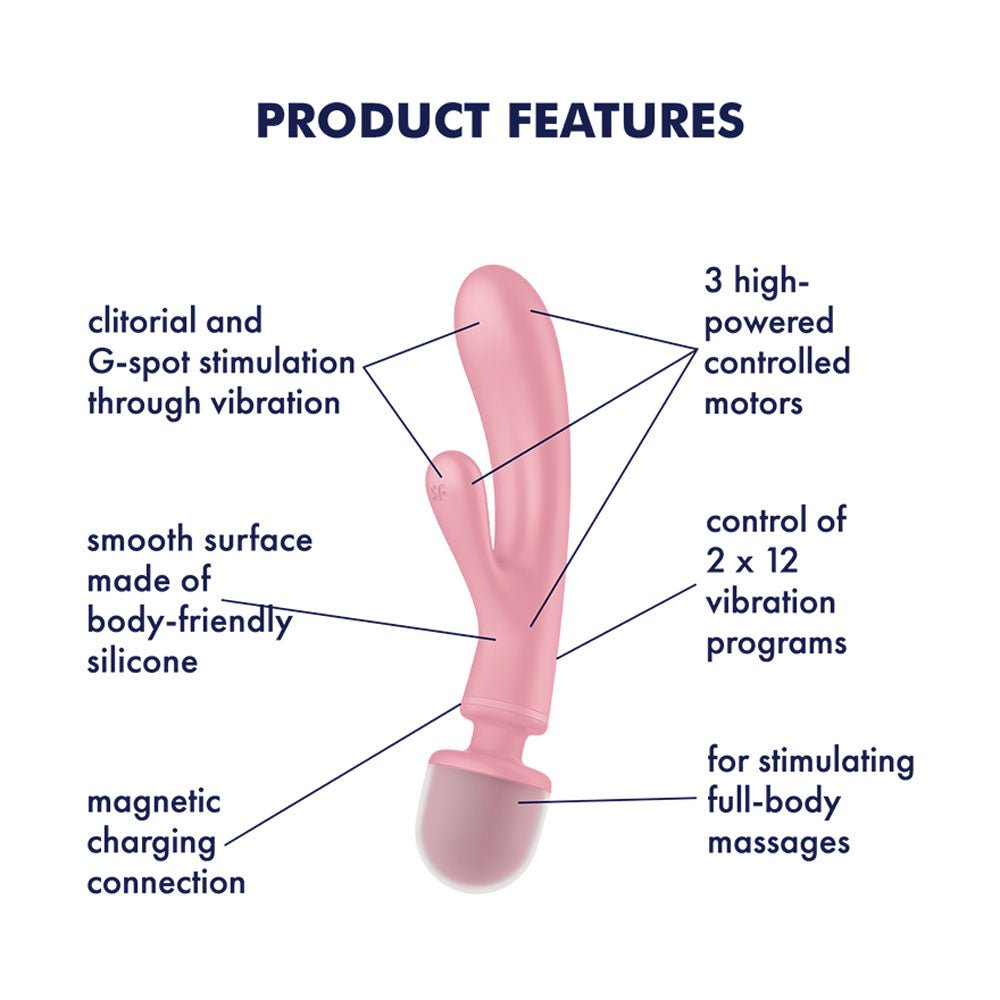 Satisfyer Triple Lover - Pink USB Rechargeable Rabbit Vibrator and Massage Wand – Sex toys NZ by Naughtyhut. Discreet delivery nationwide.
