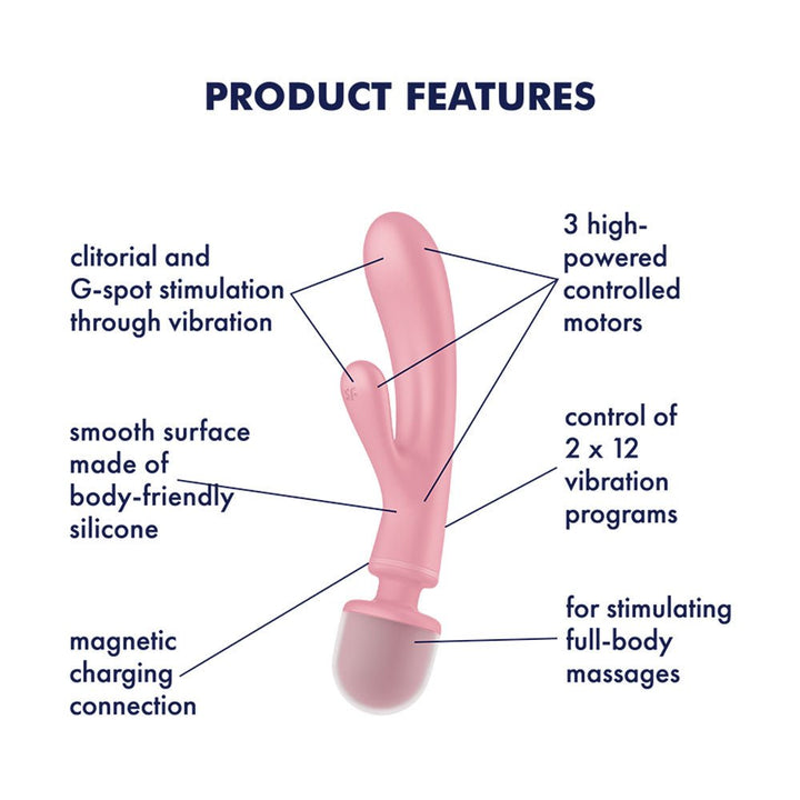 Satisfyer Triple Lover - Pink USB Rechargeable Rabbit Vibrator and Massage Wand – Sex toys NZ by Naughtyhut. Discreet delivery nationwide.