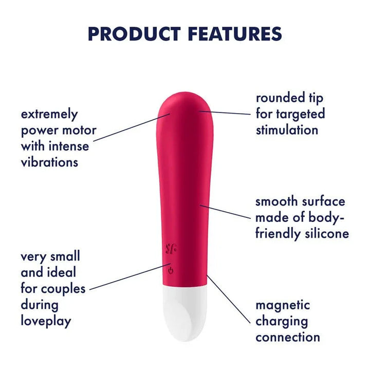 Satisfyer Ultra Power Bullet 1 - Bullet in Red, labelled feature diagram