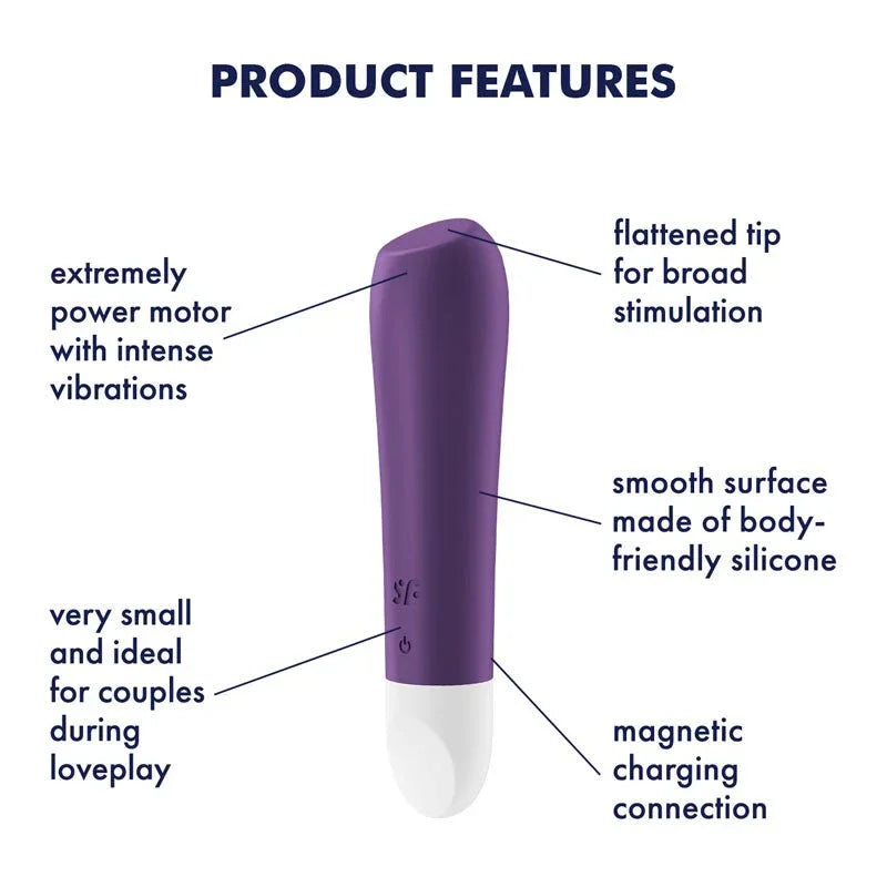 Satisfyer Ultra Power Bullet 2 - Bullet in Purple, labelled feature diagram
