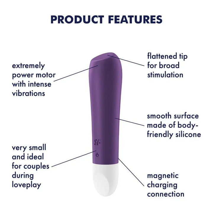 Satisfyer Ultra Power Bullet 2 - Bullet in Purple, labelled feature diagram