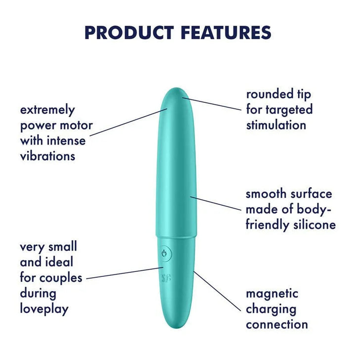 Satisfyer Ultra Power Bullet 6 - Bullet in Turquoise, labelled feature diagram